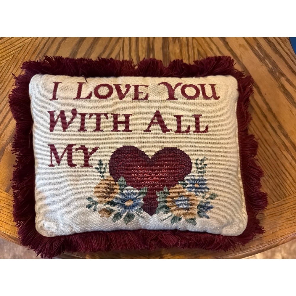 Vintage Tapestry Accent Pillow I Love You With All My Heart Floral Fringe Red